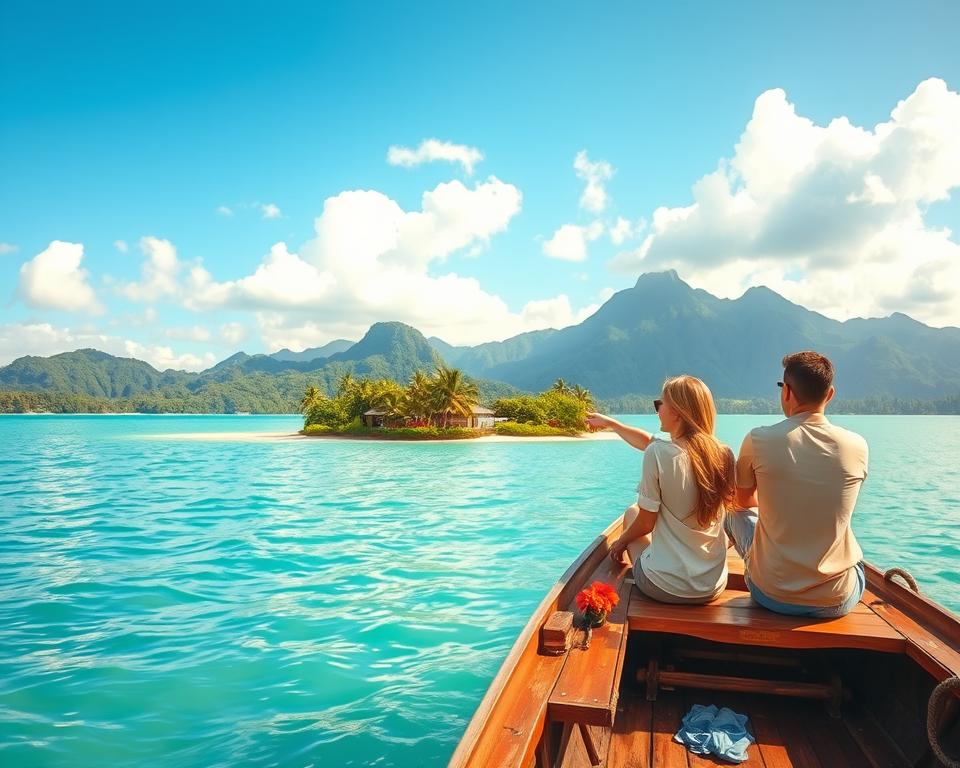 A beautiful, serene landscape of Indonesian islands, featuring lush greenery and pristine beaches. In the foreground, a wooden boat gently floats on calm, turquoise waters, with a couple in modest casual wear seated inside, pointing towards the horizon with excitement. The middle ground showcases a cluster of small islands with palm trees and vibrant tropical flowers. In the background, dramatic mountains rise under a bright blue sky with fluffy white clouds. The warm sunlight illuminates the scene, creating a cheerful and inviting atmosphere, ideal for travel planning. The angle is slightly elevated, providing a sweeping view that captures the beauty and tranquility of Indonesia's islands, emphasizing their enchanting allure for travelers. A beautiful, serene landscape of Indonesian islands, featuring lush greenery and pristine beaches. In the foreground, a wooden boat gently floats on calm, turquoise waters, with a couple in modest casual wear seated inside, pointing towards the horizon with excitement. The middle ground showcases a cluster of small islands with palm trees and vibrant tropical flowers. In the background, dramatic mountains rise under a bright blue sky with fluffy white clouds. The warm sunlight illuminates the scene, creating a cheerful and inviting atmosphere, ideal for travel planning. The angle is slightly elevated, providing a sweeping view that captures the beauty and tranquility of Indonesia's islands, emphasizing their enchanting allure for travelers.