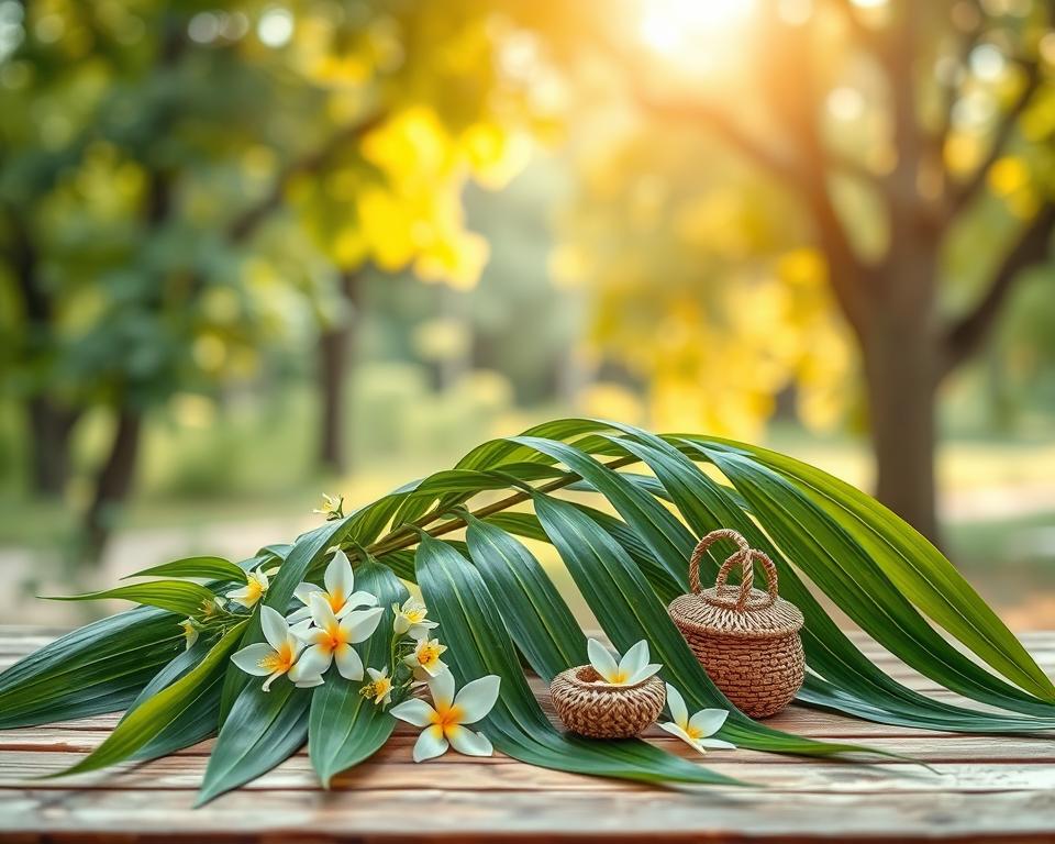 A beautifully arranged artistic display featuring Pandan leaves as the central element, gracefully intertwined and elegantly draped across a natural wooden surface. In the foreground, the vibrant green hues of the Pandan leaves contrast against delicate white and yellow flowers, enhancing the visual appeal. The middle ground should showcase small decorative objects like woven baskets made from sustainable materials, highlighting creative non-culinary uses of Pandan leaves. The background features a soft, blurred natural setting with warm, diffused sunlight filtering through lush trees, creating a serene and tranquil atmosphere. Capture this scene from a slightly elevated angle to emphasize the intricate details of the leaves and accessories, applying a shallow depth of field to create a dreamy effect.