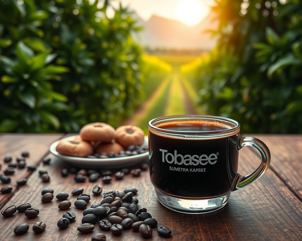 A beautifully arranged coffee setting featuring Tobasee Sumatra Kaffee. In the foreground, a steaming cup of rich, dark coffee sits on a rustic wooden table, surrounded by scattered coffee beans and a small plate of traditional Indonesian snacks, like kue cubir. In the middle, a vibrant green coffee plantation can be seen, with lush foliage and the distinct Sumatran mountains in soft focus behind the cup. The background features soft sunlight filtering through the leaves, adding a warm, inviting glow to the scene. The atmosphere is cozy and inviting, perfect for showcasing this authentic coffee experience. The composition is shot from a slightly elevated angle, with a shallow depth of field to emphasize the subject while gently blurring the surroundings.