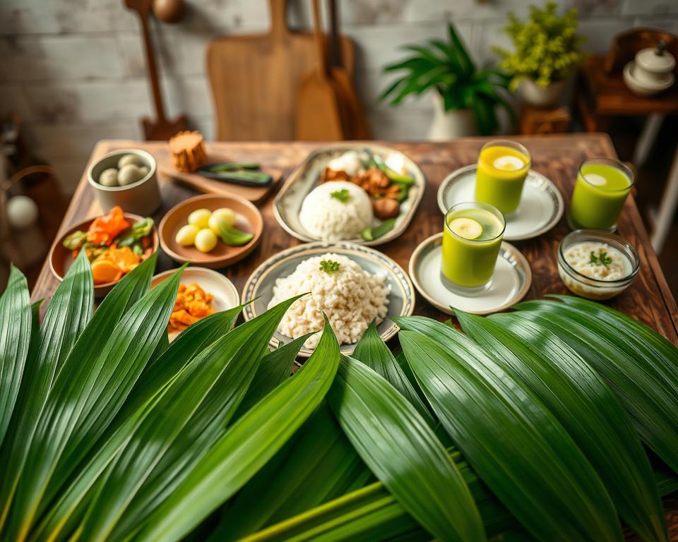 A beautifully arranged composition featuring fresh pandan leaves prominently in the foreground, showcasing their vibrant green color and unique texture. Surrounding the pandan leaves, depict a variety of traditional dishes known for incorporating pandan, such as pandan-flavored rice, desserts, and drinks, each artfully presented on elegant ceramic plates. The middle ground should include subtle kitchen elements like a wooden chopping board and cooking utensils, creating a cozy, inviting atmosphere. In the background, softly blurred, hint at a rustic kitchen setting with warm, ambient lighting that adds a welcoming glow. The angle should be slightly overhead, capturing the depth of the arrangement while emphasizing the lushness of the pandan leaves, evoking a sense of culinary adventure and exploration.