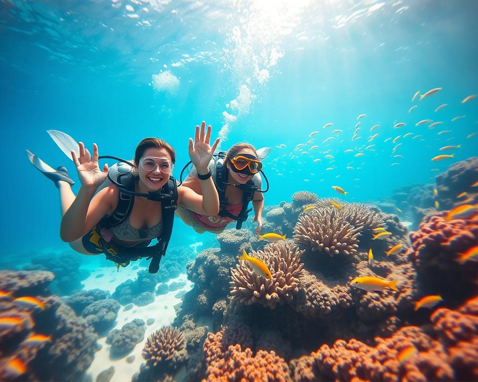 A beginner scuba diving scene in Bali, featuring two diverse female divers in modest casual clothing, exploring a vibrant coral reef teeming with colorful fish. The foreground shows the divers, equipped with scuba gear and masks, smiling as they swim through crystal clear blue water. The middle ground highlights the intricate coral formations and schools of tropical fish, creating a lively underwater ecosystem. In the background, soft sunlight filters down, illuminating the scene and casting playful reflections on the sandy ocean floor. The mood is inviting and adventurous, capturing the essence of an enjoyable first diving experience in Bali. The image is taken with a wide-angle lens from a slightly elevated angle to enhance the sense of depth and immersion.