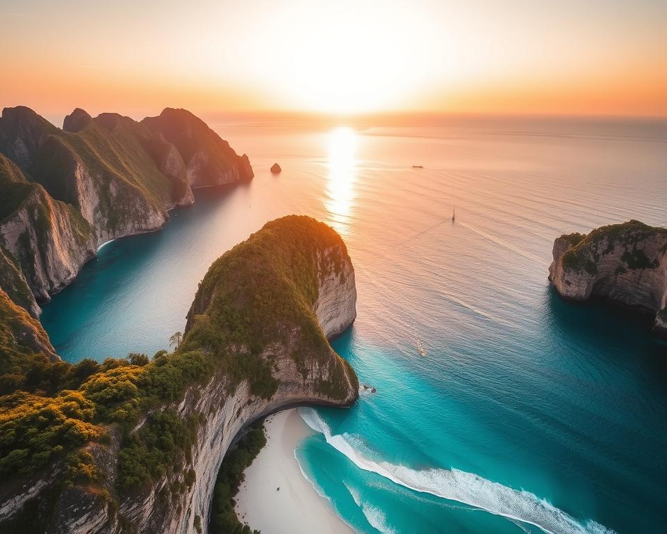 A breathtaking aerial view of Kelingking Beach, located on the rugged coastline of Nusa Penida. In the foreground, the striking rock formation resembling a T-Rex is prominently displayed, covered in lush green vegetation. The pristine white sand beach stretches below, framed by turquoise waters gently lapping against the shoreline. In the middle ground, the cliffs rise dramatically, with jagged edges contrasting against the smooth sea. Small boats can be seen dotting the water, highlighting the area's natural beauty. In the background, the horizon meets the sky, painted in soft pastel hues of a sunset, casting a warm golden glow over the scene. The atmosphere is serene and inviting, capturing the essence of paradise. Use a wide-angle lens to emphasize the grandeur of the landscape.