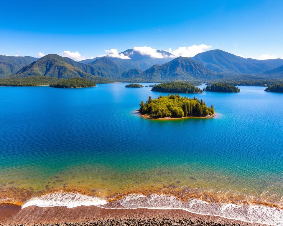 A breathtaking aerial view of Lake Toba, the largest volcanic lake in the world, surrounded by lush green hills and mountains. The foreground features gentle waves lapping at the shore, where a modest rocky beach meets the clear blue water, reflecting the sunlight. In the middle ground, the lake is dotted with small islands, their verdant trees contrasting with the deep, rich blue of the lake. The background showcases the majestic volcanic mountains, partially shrouded in mist, giving a sense of grandeur. The lighting is bright and warm, suggesting a sunny day with a clear sky. The entire scene evokes tranquility and natural beauty, inviting viewers to explore this stunning geographic wonder.