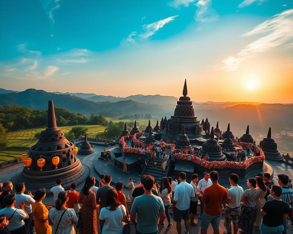 A breathtaking aerial view of the Borobudur Temple during the Vesak Festival. In the foreground, groups of visitors, dressed in modest casual clothing, observe the intricately carved stone stupas and reliefs. The middle ground showcases the majestic temple complex, adorned with vibrant lanterns and colorful flower offerings, creating an atmosphere of celebration. In the background, lush green hills and rice paddies frame the scene under a bright blue sky, casting soft, natural light across the temple. The warm glow of sunset enhances the mood, casting long shadows and illuminating the details of the ancient architecture. The lens captures a wide-angle perspective, emphasizing the scale and grandeur of this UNESCO World Heritage Site.
