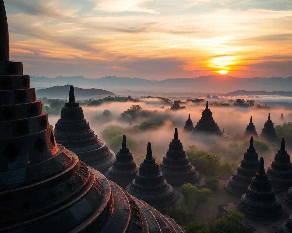 A breathtaking early morning view of Borobudur Temple, shrouded in a mystical mist at sunrise. In the foreground, the intricate stone carvings of the temple are illuminated by the soft golden light, revealing their detailed craftsmanship. The middle ground features the iconic stupas and bell-shaped structures of the temple, surrounded by lush green vegetation and the silhouette of distant mountains. In the background, a vibrant sky transitions from deep blue to warm orange and pink hues, symbolizing the dawn of a new day. The scene evokes a serene and contemplative atmosphere, inviting viewers to appreciate the ancient architecture and natural beauty of this UNESCO World Heritage Site, captured with a wide-angle lens for a comprehensive perspective. The image should be devoid of any human presence or text overlays.