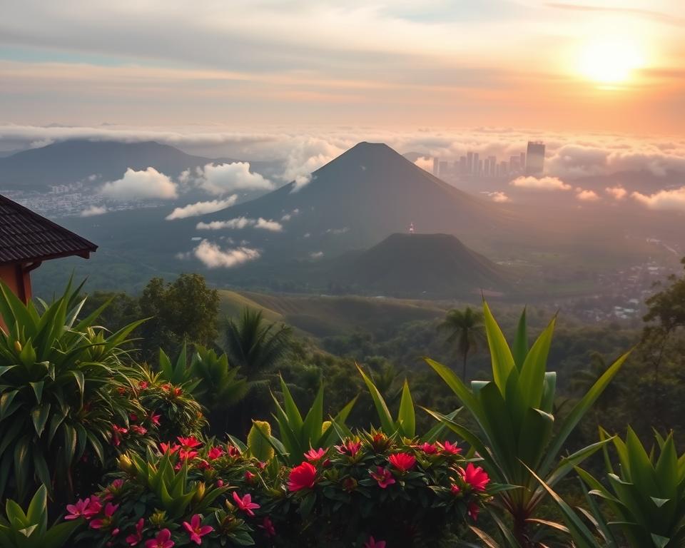 A breathtaking landscape of Java, Indonesia, showcasing its majestic volcanoes, UNESCO World Heritage sites, and vibrant cities. In the foreground, a lush tropical garden filled with exotic plants and colorful flowers, while a traditional Javanese house can be partially seen. In the middle ground, the iconic Mount Bromo rises dramatically amidst a blanket of fog, with the sun casting a warm golden glow on its slopes. The background features the bustling city skyline of Jakarta, with modern skyscrapers contrasting against the scenic volcanic landscape. Soft, diffused lighting creates a serene yet vibrant atmosphere, evoking a sense of adventure and wonder. The scene captures the essence of Java, combining natural beauty with cultural richness, viewed from a slightly elevated angle to capture the depth of the landscape.