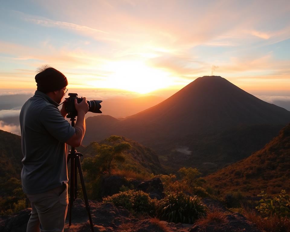 A breathtaking landscape showcasing an Indonesian volcano at sunrise, with warm golden hues illuminating the rugged terrain. In the foreground, include a photographer, dressed in modest casual clothing, focused on capturing the scene with a high-quality DSLR camera on a tripod. The middle ground features lush green vegetation and rocky outcrops leading up to the volcano, which emits a faint wisp of smoke from its crater. The background reveals a dramatic sky painted in soft pinks and oranges, with wispy clouds breaking the morning light. Enhance the atmosphere by including a gentle mist rising from the surrounding hills, creating an ethereal and tranquil mood. Use natural lighting with a wide-angle perspective to emphasize the grandeur and beauty of the volcanic setting. A breathtaking landscape showcasing an Indonesian volcano at sunrise, with warm golden hues illuminating the rugged terrain. In the foreground, include a photographer, dressed in modest casual clothing, focused on capturing the scene with a high-quality DSLR camera on a tripod. The middle ground features lush green vegetation and rocky outcrops leading up to the volcano, which emits a faint wisp of smoke from its crater. The background reveals a dramatic sky painted in soft pinks and oranges, with wispy clouds breaking the morning light. Enhance the atmosphere by including a gentle mist rising from the surrounding hills, creating an ethereal and tranquil mood. Use natural lighting with a wide-angle perspective to emphasize the grandeur and beauty of the volcanic setting.