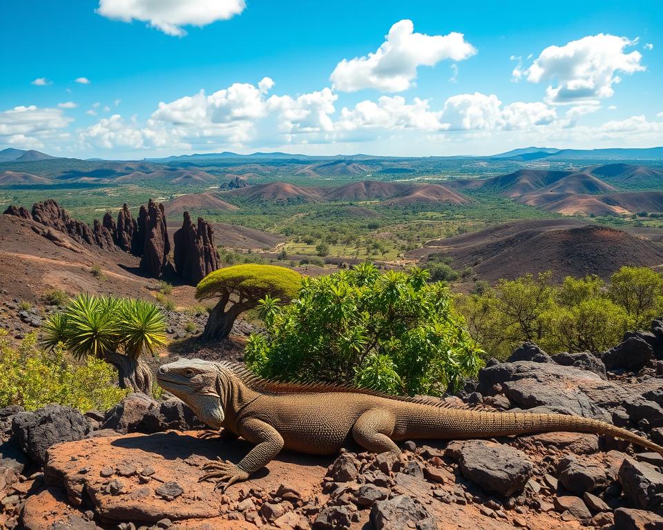 A breathtaking scene in Komodo National Park, showcasing the rugged, volcanic landscape. In the foreground, a Komodo dragon rests on sun-drenched rocky ground, its scales glistening under warm sunlight. The middle ground features vibrant green foliage and unique trees native to the area, creating a contrast with the arid rock formations. In the background, rolling hills stretch towards the horizon, with a clear blue sky dotted by fluffy clouds. The atmosphere is serene, ideal for capturing the essence of wildlife photography. Use natural lighting to enhance shadows and textures, and a 50mm lens for sharp focus. The composition emphasizes the majestic beauty of this iconic park, inviting viewers to explore its wonders.