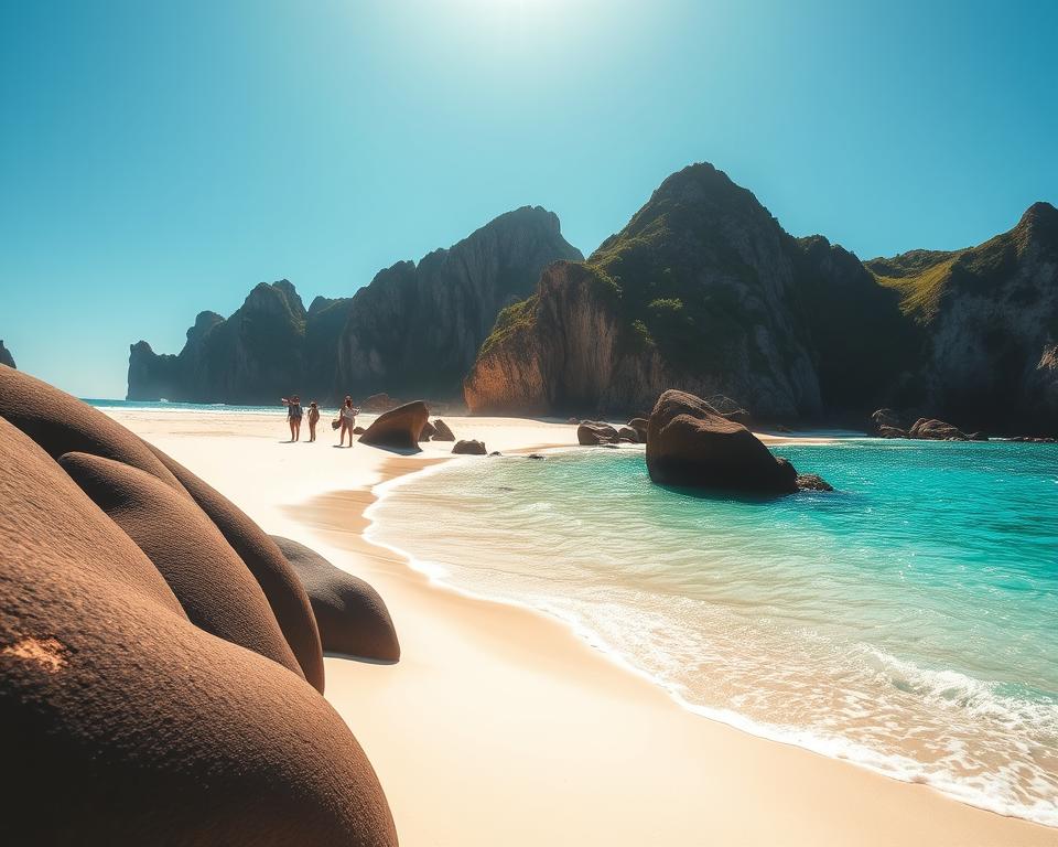 A breathtaking scene of Diamond Beach on Nusa Penida, capturing the stunning contrast of white sand and sparkling turquoise water. In the foreground, smooth black volcanic rocks jut out of the sandy beach, while a gentle wave laps at their base. The middle ground features a pristine beach with a few tourists in modest casual clothing, exploring the area and taking photos. The background reveals dramatic cliffs and lush greenery that rise majestically, contrasting with the clear blue sky. The golden light of the late afternoon sun casts soft shadows, creating a warm and inviting atmosphere. The composition captures a wide-angle perspective to emphasize the beach's beauty and vastness, showcasing this stunning tropical paradise.