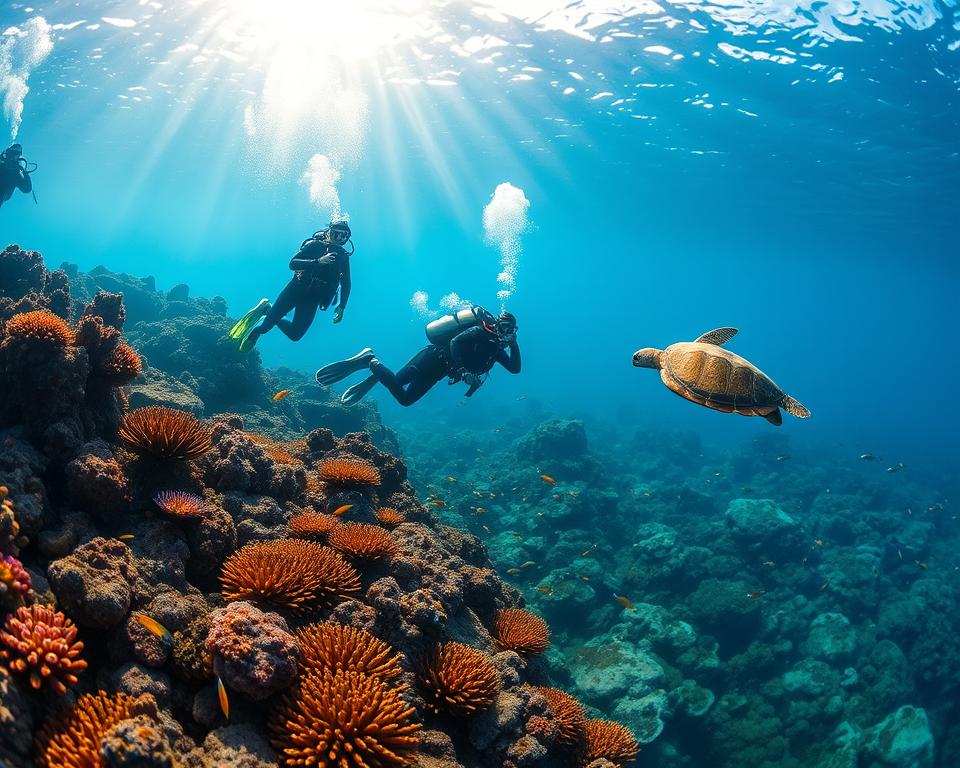 A breathtaking underwater scene capturing advanced diving at the Gili Islands, Bali. In the foreground, a group of skilled divers, dressed in professional diving gear, are exploring vibrant coral reefs teeming with diverse marine life. The middle ground showcases schools of colorful fish swimming gracefully amidst the coral formations, while a majestic sea turtle glides by. The background features the shimmering surface of the water, with sunlight filtering through, creating dappled light effects, illuminating the underwater scene with a serene, magical mood. Shot with a wide-angle lens to capture the rich details and depth of the underwater landscape. The image conveys a sense of adventure and tranquility, inviting viewers to immerse themselves in the captivating underwater world of Bali.