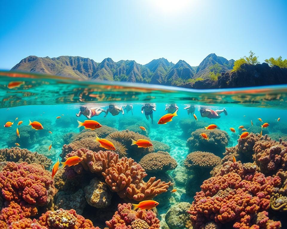 A breathtaking underwater scene showcasing snorkeling in Loh Liang, Komodo National Park. In the foreground, a diverse group of snorkelers wearing colorful, modest swim gear explore vibrant coral reefs teeming with marine life. Brightly-colored fish dart in and out among the corals, creating a lively and engaging atmosphere. The middle ground features a sunlit surface of crystalline turquoise water, allowing sun rays to penetrate and illuminate the underwater landscape, enhancing the vivid colors of the corals and marine life. In the background, the dramatic outlines of Komodo's rugged coastline and lush greenery rise against a clear blue sky. The mood is serene and adventurous, reflecting a sense of exploration and connection with nature. The image is captured using a wide-angle lens, bringing the scene to life with rich details and vibrant colors.