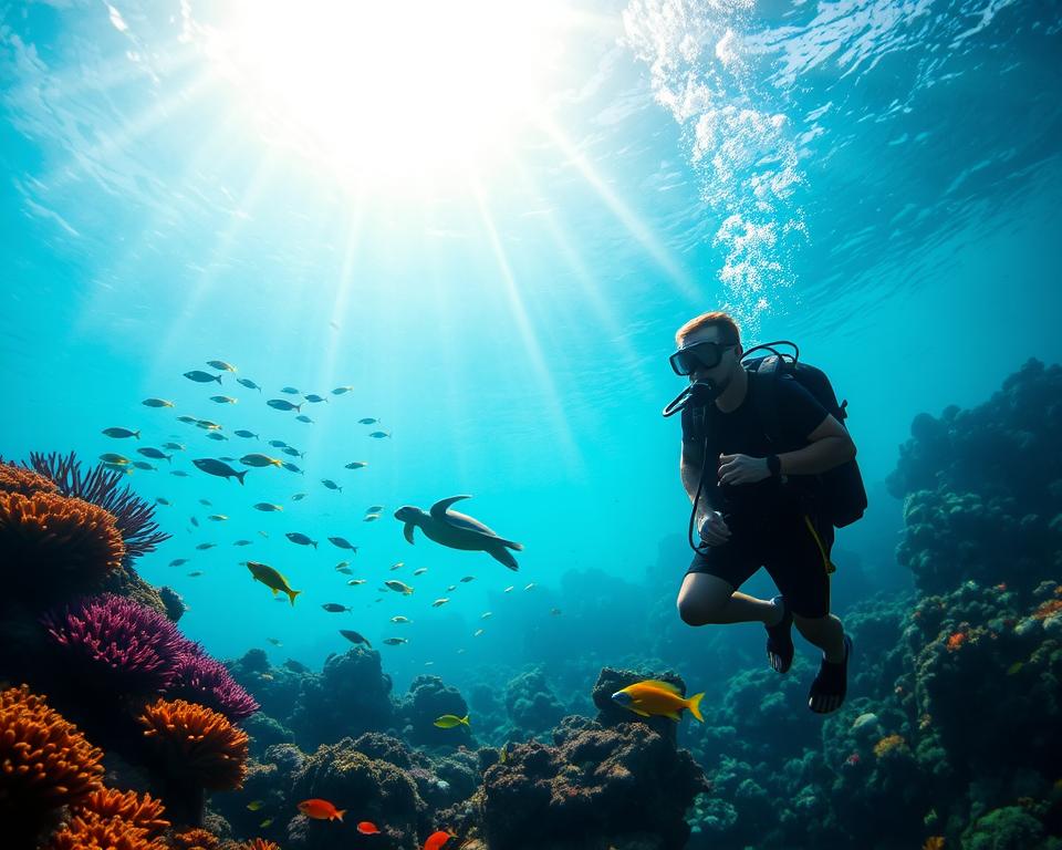 A breathtaking underwater scene showcasing the vibrant marine life of Indonesia. In the foreground, a diver in modest casual scuba gear is exploring a colorful coral reef, interacting with tropical fish and sea turtles. The middle ground features swaying coral formations and schools of fish darting around, adding dynamism and life to the scene. In the background, beams of sunlight filter down through the crystal-clear water, creating a serene and ethereal atmosphere. The diver's silhouette contrasts with the vivid colors of the corals and marine life, reflecting the adventure and outdoor activities available in Indonesia. The lighting should invoke a sense of tranquility and wonder, capturing the essence of underwater exploration in a tropical paradise. A breathtaking underwater scene showcasing the vibrant marine life of Indonesia. In the foreground, a diver in modest casual scuba gear is exploring a colorful coral reef, interacting with tropical fish and sea turtles. The middle ground features swaying coral formations and schools of fish darting around, adding dynamism and life to the scene. In the background, beams of sunlight filter down through the crystal-clear water, creating a serene and ethereal atmosphere. The diver's silhouette contrasts with the vivid colors of the corals and marine life, reflecting the adventure and outdoor activities available in Indonesia. The lighting should invoke a sense of tranquility and wonder, capturing the essence of underwater exploration in a tropical paradise.