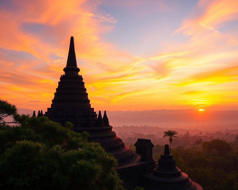A breathtaking view of Borobudur at sunrise, capturing the majestic temple silhouetted against a vibrant sky filled with hues of orange, pink, and purple. In the foreground, the intricately carved stupas of Borobudur rise prominently, surrounded by lush green foliage reflecting the calmness of dawn. The middle ground features the expansive temple terrace, inviting viewers to explore its historical depths, while the background reveals distant hills softly illuminated by the first light of day. The image should have soft, diffused lighting to enhance the serene atmosphere, with a slight fog lifting to reveal the landscape. Captured from a low angle to emphasize the grandeur of the temple, this enchanting scene evokes feelings of tranquility and awe, embodying the unforgettable experience of witnessing sunrise at Borobudur.