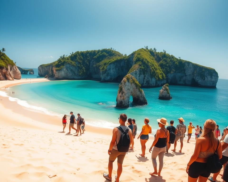 A breathtaking view of Diamond Beach on Nusa Penida, featuring soft, golden sands contrasting with striking turquoise waters. In the foreground, several visitors dressed in comfortable, casual clothing explore the beach, marveling at the unique rock formations jutting out of the crystal-clear sea. The middle ground showcases vibrant green cliffs adorned with lush vegetation, creating a dramatic backdrop. Above, the sky is bright and clear, reflecting the warm sun, casting soft shadows on the sand. The overall atmosphere is serene and inviting, emphasizing the beauty of this tropical paradise. Capture the scene with a wide-angle lens to highlight the expansive beach and dramatic coastline, with a slightly elevated angle for depth and perspective. The lighting should be bright, enhancing the vibrant colors and creating a warm, welcoming ambiance.