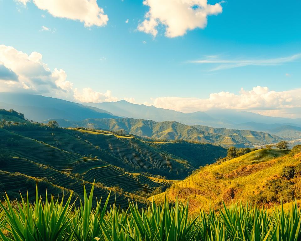 A breathtaking view of Jatiluwih, Bali, showcasing its iconic rice terraces, meticulously carved into the lush green hillsides. In the foreground, vibrant green rice plants sway gently in the breeze, while the middle ground features cascading terraces layered beautifully, reflecting the intricate subak irrigation system. The background reveals majestic mountains under a clear blue sky with soft, fluffy clouds, casting delicate shadows across the landscape. The lighting is warm and golden, mimicking the soft glow of a late afternoon sun, creating a serene and tranquil atmosphere. Use a wide-angle lens to capture the expansiveness of the scene, inviting viewers to immerse themselves in the vibrant colors and harmonious nature of this UNESCO World Heritage site.