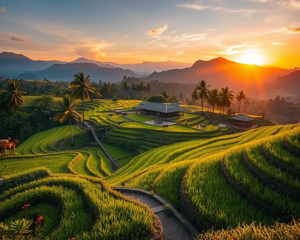 A breathtaking view of Jatiluwih, Bali, showcasing the iconic rice terraces during the golden hour. In the foreground, lush green rice paddies intertwined with woven bamboo paths, dotted with vibrant local flora. In the middle ground, traditional Balinese wooden structures and grazing livestock, surrounded by swaying palm trees. The background features majestic mountains softly illuminated by a warm sunset, casting long shadows across the terraces. The sky is painted with hues of orange, pink, and purple, enhancing the tranquil atmosphere of this serene landscape. Use a wide-angle lens to capture the sweeping vistas, with a focus on the interplay of light and perspective, evoking a sense of peace and natural beauty without any human figures or textual elements.
