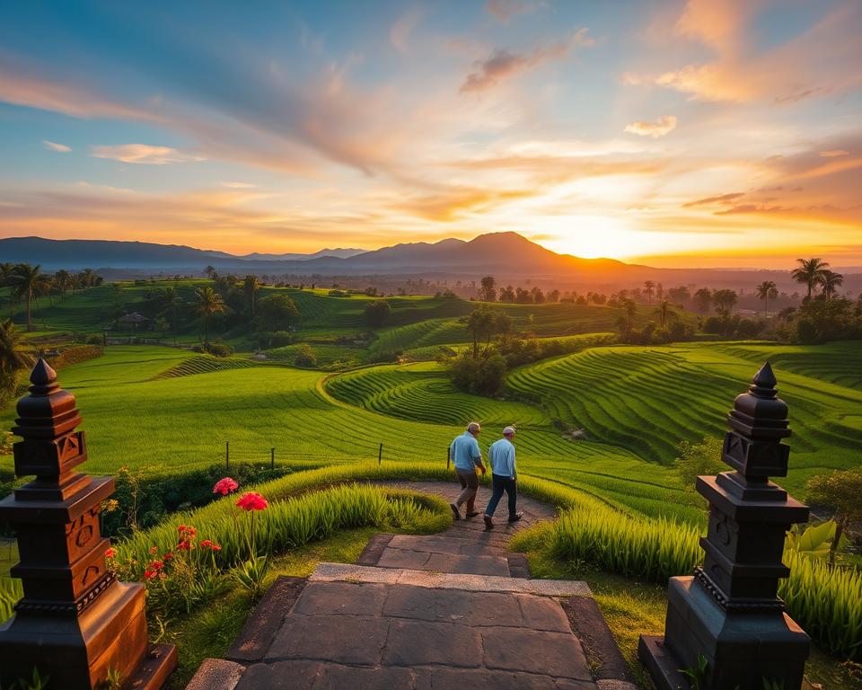 A breathtaking view of Jatiluwih, Bali, showcasing the stunning terraced rice fields in vibrant green hues stretching across the landscape. In the foreground, a serene pathway lined with ornamental flowers and traditional Balinese sculptures guides the viewer's eye towards the rice terraces. The middle ground features farmers in modest casual clothing tending to the lush rice paddies under the warm, golden light of a late afternoon sun. In the background, dramatic hills rise, silhouetted against a colorful sunset sky, casting a gentle glow on the scene. The atmosphere is peaceful and idyllic, evoking a perfect day trip vibe. Capture this moment with a wide-angle lens, emphasizing depth and richness of the Bali landscape while ensuring no people appear overly prominent, maintaining the focus on the natural beauty.