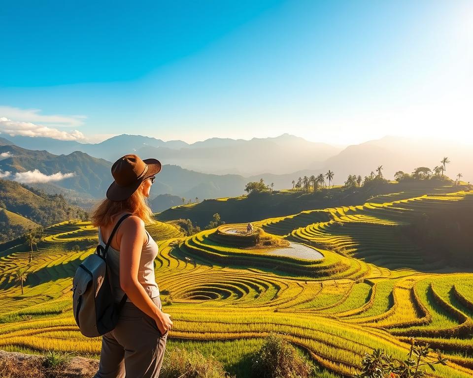 A breathtaking view of Jatiluwih rice terraces in Bali, showcasing vibrant green fields under a bright blue sky. In the foreground, a sustainable traveler in modest casual clothing is observing and appreciating the lush landscape, capturing the essence of eco-friendly exploration. In the middle ground, intricately layered rice paddies glisten in the sunlight, with a few local farmers tending to their crops, promoting sustainable agriculture. The background features majestic mountains shrouded in soft mist, enhancing the serene atmosphere. Golden hour lighting casts a warm glow over the scene, highlighting the natural beauty and tranquility of this UNESCO World Heritage site. The overall mood is peaceful and inspiring, inviting viewers to connect with nature while traveling responsibly.