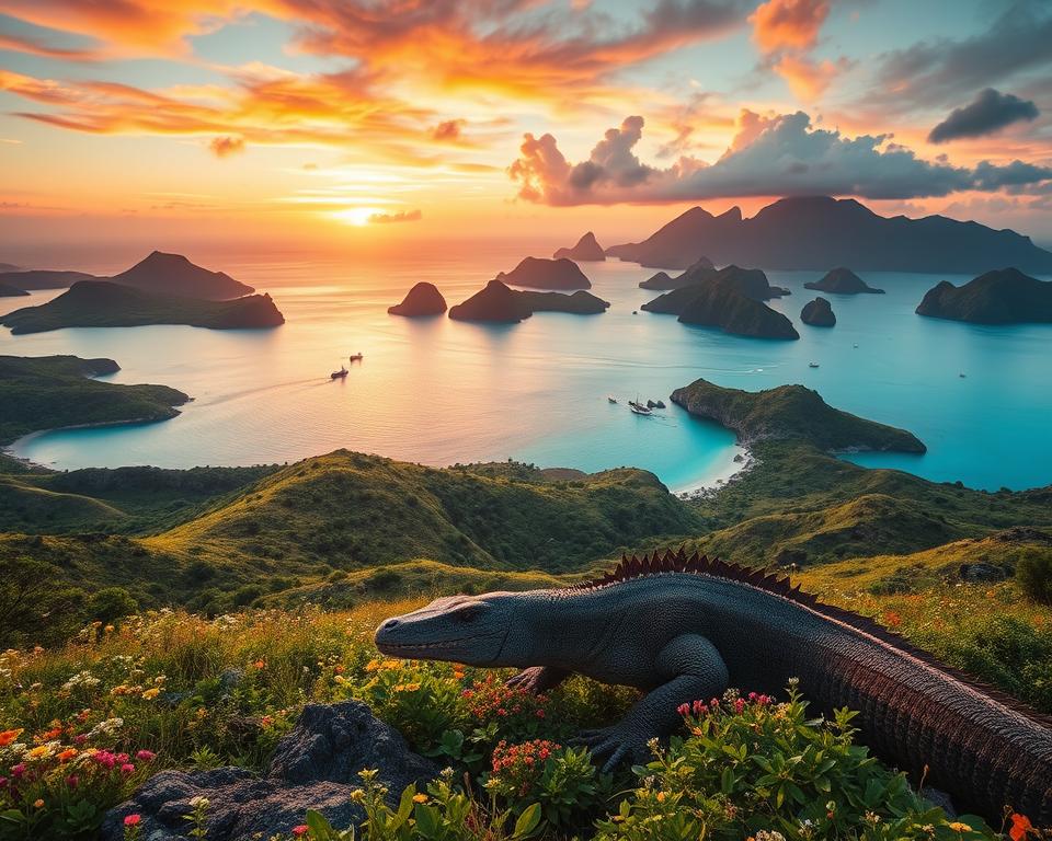 A breathtaking view of Komodo National Park, Indonesia, showcasing its stunning natural beauty. In the foreground, vivid green hills dotted with wildflowers and rugged terrain stretch out, while a majestic Komodo dragon stealthily navigates its domain. The middle ground reveals a serene turquoise bay with small, wooden boats gently bobbing on the water, emphasizing the tranquility of the area. In the background, dramatic crimson and orange sunsets cast warm light over the jagged volcanic islands, enhancing the rugged coastline and lush greenery. The atmosphere is serene and awe-inspiring, evoking a sense of adventure and the untouched wilderness of this UNESCO World Heritage site. The scene captures the essence of a tropical paradise, with soft lighting creating a dreamy ambiance, shot from a low angle to emphasize the grandeur of the landscape.