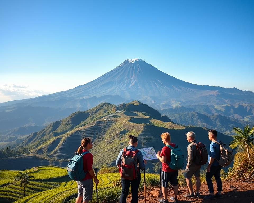 A breathtaking view of Mount Agung, standing majestically against a clear blue sky, with lush green rice terraces in the foreground. In the middle ground, depict a well-marked hiking trail winding up the mountain, inviting adventurers to embark on their journey. Include a group of diverse travelers, dressed in modest, practical clothing, equipped with backpacks and trekking poles, examining a map at a lookout point. The lighting is soft and warm, suggesting early morning light, casting gentle shadows on the terrain. In the background, the peak of Mount Agung glows subtly, with hints of volcanic texture and patches of vegetation. The mood is one of excitement and anticipation, as the travelers prepare to explore one of Bali's iconic landmarks.