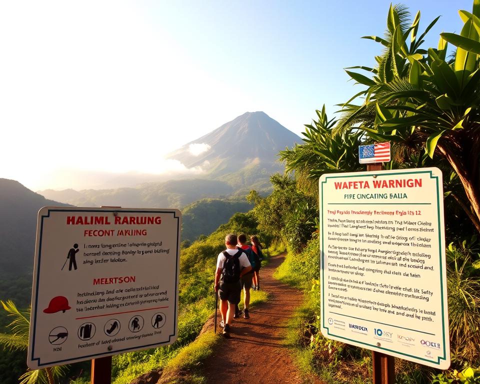 A breathtaking view of Mount Agung, towering majestically in the background, surrounded by a lush landscape of verdant hills and tropical vegetation. In the foreground, a clear, informational safety sign in both English and Indonesian, warning hikers about the challenges of ascending the volcano. The sign should be detailed, showcasing icons related to climbing safety like helmets and walking sticks. The middle ground features a well-trodden hiking path, winding through the vibrant green foliage, with a few modestly dressed hikers equipped with professional gear, looking up at the mountain in awe. Soft, golden sunlight filters through the clouds, illuminating the peak and creating a warm, inviting atmosphere that encourages exploration while emphasizing the importance of safety. The scene conveys a sense of adventure, respect for nature, and the beauty of Bali.