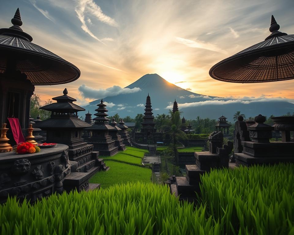 A breathtaking view of Pura Besakih, the Mother Temple of Bali, nestled on the slopes of the majestic Mount Agung. In the foreground, lush green rice terraces create a vibrant contrast with the intricate stone carvings and ornate structures of the temple, adorned with colorful offerings. The middle ground features the temple's multi-tiered pagodas reaching towards the sky, framed by traditional Balinese umbrellas that add a cultural touch. In the background, Mount Agung towers majestically, shrouded in wisps of mist, under a dramatic sky painted with warm hues of sunrise. Soft, dappled lighting enhances the serene atmosphere, inviting a sense of tranquility and reverence. The scene captures the spiritual significance and cultural richness of this sacred site, evoking a mood of wonder and reflection.