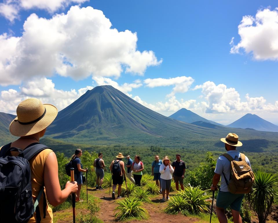 A breathtaking view of an Indonesian volcano with a bright blue sky and fluffy white clouds, showcasing the majestic peak in the foreground. In the middle ground, a guided tour group of diverse travelers, dressed in comfortable outdoor clothing and equipped with walking sticks, is exploring a lush, green trail dotted with tropical plants and flowers. The guide, a knowledgeable local wearing a hat and a backpack, enthusiastically points out the volcanic features. In the background, other volcanic mountains create a dramatic landscape under golden sunlight, casting shadows over the terrain. The mood is adventurous and inviting, highlighting the allure of guided exploration versus independent travel in this stunning natural setting, captured from a slightly elevated angle to provide depth and perspective. A breathtaking view of an Indonesian volcano with a bright blue sky and fluffy white clouds, showcasing the majestic peak in the foreground. In the middle ground, a guided tour group of diverse travelers, dressed in comfortable outdoor clothing and equipped with walking sticks, is exploring a lush, green trail dotted with tropical plants and flowers. The guide, a knowledgeable local wearing a hat and a backpack, enthusiastically points out the volcanic features. In the background, other volcanic mountains create a dramatic landscape under golden sunlight, casting shadows over the terrain. The mood is adventurous and inviting, highlighting the allure of guided exploration versus independent travel in this stunning natural setting, captured from a slightly elevated angle to provide depth and perspective.