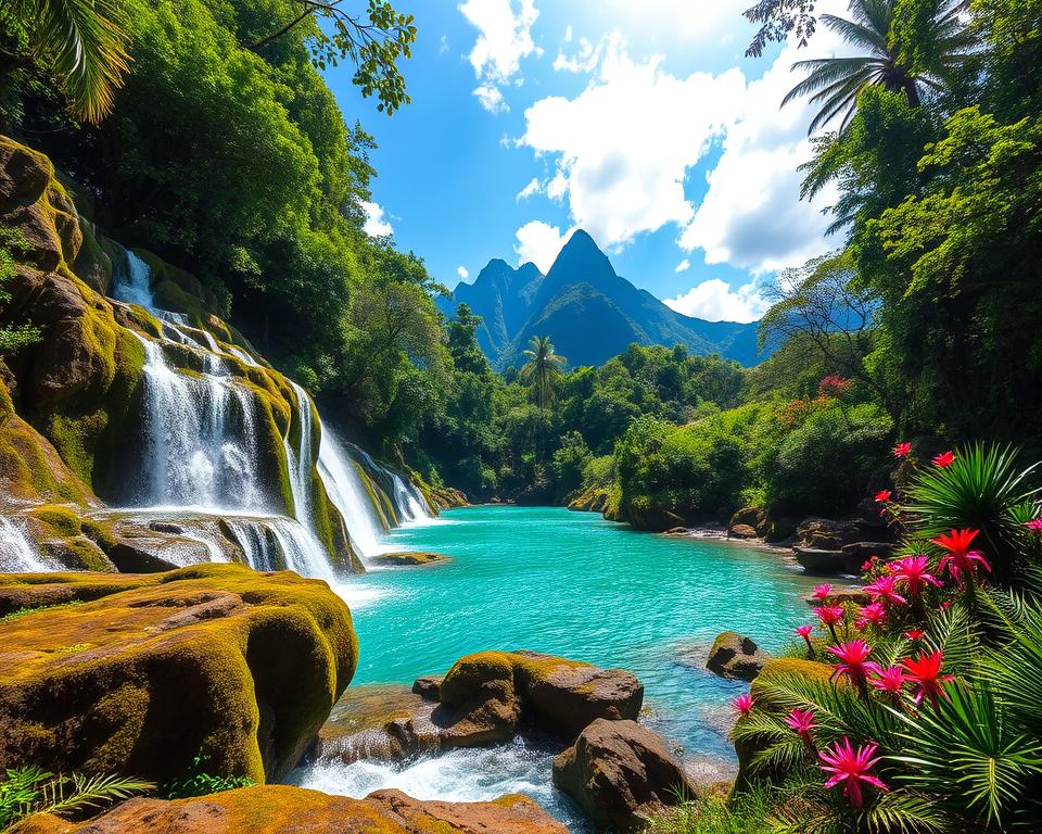 A breathtaking view of the Fiji Waterfalls in Sekumpul, surrounded by lush tropical greenery and vibrant flora. In the foreground, clear turquoise water cascades over rocky cliffs, creating a dramatic contrast against the deep green moss and vibrant flowers. The middle ground features a serene pool at the base of the falls, reflecting the surrounding trees and colorful vegetation. In the background, towering mountains rise majestically under a bright blue sky dotted with soft white clouds, the sunlight filtering through the leaves, casting dappled shadows on the ground. The scene evokes a sense of tranquility and exploration, inviting viewers to immerse themselves in the natural beauty of this hidden paradise. The image is captured with a wide-angle lens to emphasize the vastness of the landscape, with soft, natural lighting enhancing the vibrant colors.