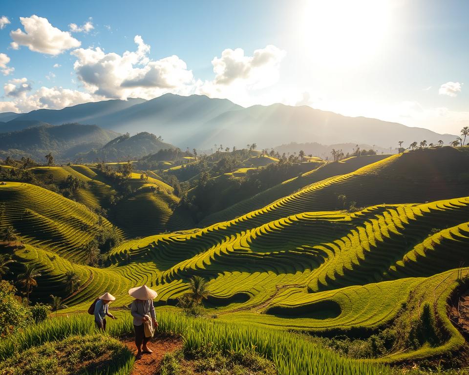 A breathtaking view of the Jatiluwih rice terraces in Bali, showcasing the lush green hills layered with intricate patterns of rice paddies. In the foreground, farmers in modest casual clothing can be seen tending to the fields, highlighting the local agricultural culture. The middle ground features vibrant green terraces cascading down the slopes, creating a harmonious blend with the natural landscape. In the background, mountains shrouded in soft morning mist rise majestically under a bright blue sky dotted with fluffy white clouds. The golden light of the early morning sun bathes the scene, enhancing the vivid colors and creating a tranquil, serene atmosphere. Use a wide-angle lens to capture the expansive beauty of this UNESCO World Heritage site, emphasizing depth and perspective.