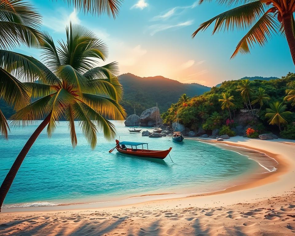 A breathtaking view of the Kei Islands, showcasing pristine white sandy beaches bordered by crystal-clear turquoise waters. In the foreground, gently swaying palm trees frame the scene, their shadows dancing on the warm sand. In the middle ground, traditional wooden boats anchored near rocky outcrops add a touch of local culture, while vibrant tropical flora bursts with colors, attracting the eye. The background features lush green hills and dense jungles, hinting at the natural beauty and biodiversity of the islands. The sun sets on the horizon, casting a golden glow that highlights the serene atmosphere, creating a warm, inviting mood. Capture this scene from a low angle, emphasizing the beauty in detail, while maintaining a focus on the captivating landscape.