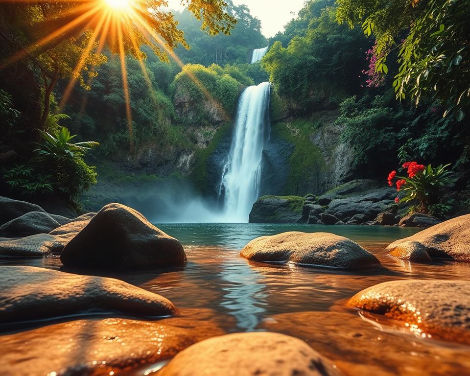 A breathtaking view of the Sekumpul waterfall, captured during the golden hour with warm sunlight cascading through the trees. In the foreground, smooth rocks are partially submerged in crystal-clear water, creating a serene atmosphere. In the middle, the majestic waterfall tumbles down from lush green cliffs, sending up a fine mist that glimmers in the sunlight. Vivid tropical foliage frames the scene, with vibrant flowers adding splashes of color. In the background, a soft, blurred forest provides depth, enhancing the tranquility of the setting. The angle is slightly low, emphasizing the height of the waterfall and the beauty of the surrounding nature. The overall mood is peaceful and inspiring, inviting viewers to explore this hidden gem in Bali.