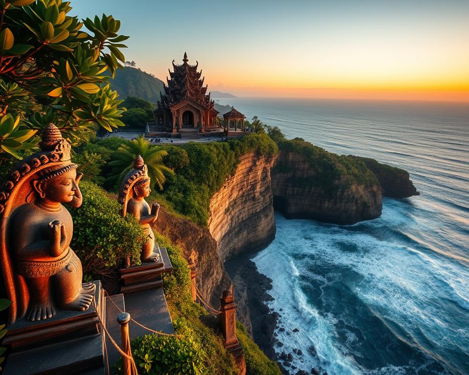 A breathtaking view of the Uluwatu Temple, an iconic sea temple perched on a dramatic cliff overlooking the Indian Ocean. In the foreground, intricately carved stone statues flank the temple entrance, set against lush tropical foliage. The middle ground features the temple's stunning architecture, with intricately detailed roofs and tranquil praying areas, bathed in the warm, golden light of the setting sun. Soft waves crash against the cliffs, creating a serene atmosphere. In the background, the expansive ocean stretches towards the horizon, painted in hues of orange and purple as the sun sets. The scene conveys a sense of spirituality and peace, inviting viewers to contemplate the temple's sacred significance. The image is shot at a wide angle, enhancing the grandeur of the temple and the surrounding natural beauty.