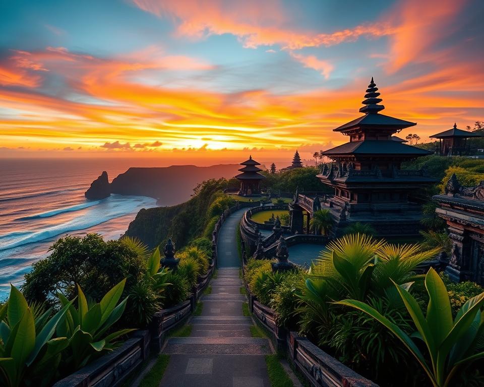 A breathtaking view of the Uluwatu Temple complex in Bali during sunset, capturing the intricate architecture with its ornate carvings and dramatic cliffs. In the foreground, a serene pathway lined with lush tropical plants leads up to the temple entrance. In the middle ground, the iconic temple structures with traditional Balinese roofs stand majestically against a vibrant sky painted with hues of orange, pink, and purple. The ocean waves crash against the cliffs below, adding a sense of movement and dynamism. The scene is illuminated by warm, diffused sunset lighting, casting soft shadows that enhance the temple's details. A panoramic shot from a slightly elevated angle showcases the temple's grandeur and the stunning coastal landscape, evoking a tranquil and majestic atmosphere. No human subjects are present in this serene depiction.