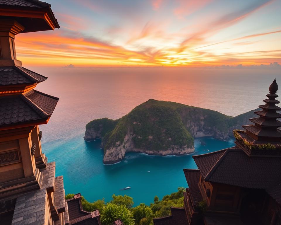 A breathtaking view of the Uluwatu Temple in Bali, showcasing its stunning cliffside location above the turquoise ocean. In the foreground, intricate Balinese architecture of the temple with traditional stone carvings and ornate rooftops. The middle ground features lush green vegetation surrounding the temple, while the background displays a sunset with vibrant hues of orange, pink, and purple illuminating the sky. The scene is bathed in warm, soft lighting, creating a tranquil and serene atmosphere. A slightly elevated angle captures the grandeur of the temple and its natural surroundings, inviting viewers to experience the beauty and spirituality of this iconic site. No people or text are present in the image.