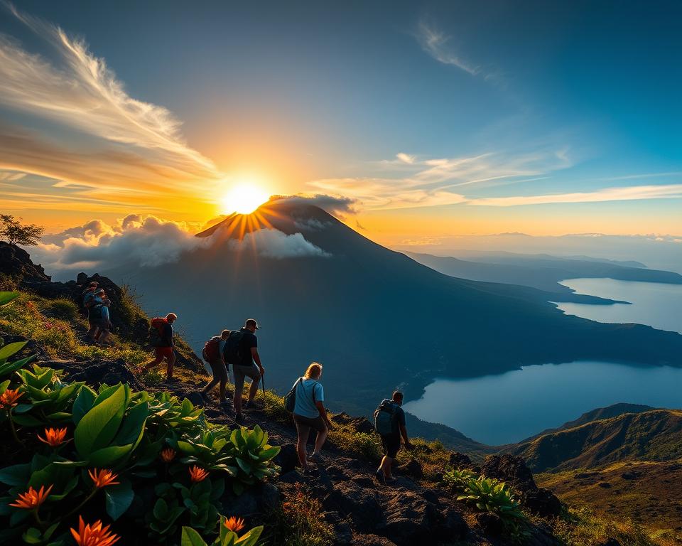 A breathtaking view of trekking on an Indonesian volcano, showcasing lush greenery in the foreground with rugged terrain and vibrant tropical flowers. In the middle ground, silhouette figures of diverse hikers in modest casual clothing ascend the rocky path, capturing the spirit of adventure. Towering above is a majestic volcano, partially shrouded in wispy clouds, with a vivid sunrise casting golden light across the landscape, creating dramatic shadows. The background highlights a distant range of mountains and a serene lake reflecting the sky's warm hues. The atmosphere is filled with a sense of exploration and tranquility, inviting viewers into the beauty of Indonesia’s natural wonders. The scene is captured with a wide-angle lens to maximize depth and perspective, emphasizing the grandeur of the volcanic landscape. A breathtaking view of trekking on an Indonesian volcano, showcasing lush greenery in the foreground with rugged terrain and vibrant tropical flowers. In the middle ground, silhouette figures of diverse hikers in modest casual clothing ascend the rocky path, capturing the spirit of adventure. Towering above is a majestic volcano, partially shrouded in wispy clouds, with a vivid sunrise casting golden light across the landscape, creating dramatic shadows. The background highlights a distant range of mountains and a serene lake reflecting the sky's warm hues. The atmosphere is filled with a sense of exploration and tranquility, inviting viewers into the beauty of Indonesia’s natural wonders. The scene is captured with a wide-angle lens to maximize depth and perspective, emphasizing the grandeur of the volcanic landscape.