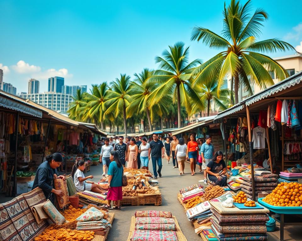 A bustling scene of Jalan Surabaya Markt in Jakarta, Indonesia, showcasing a vibrant street market filled with colorful stalls displaying traditional handicrafts, souvenirs, and exotic foods. In the foreground, a variety of intricate batik fabrics and wooden carvings are artistically arranged on woven mats, while modestly dressed local vendors engage with shoppers. The middle ground reveals visitors exploring the market, a mix of locals and tourists, all wearing casual attire. In the background, tall palm trees sway gently against a bright blue sky, with a hint of the city skyline peeking through. The lighting is warm and inviting, capturing the lively atmosphere of the market in the late afternoon sun, while a shallow depth of field adds focus to the vibrant details in the foreground.