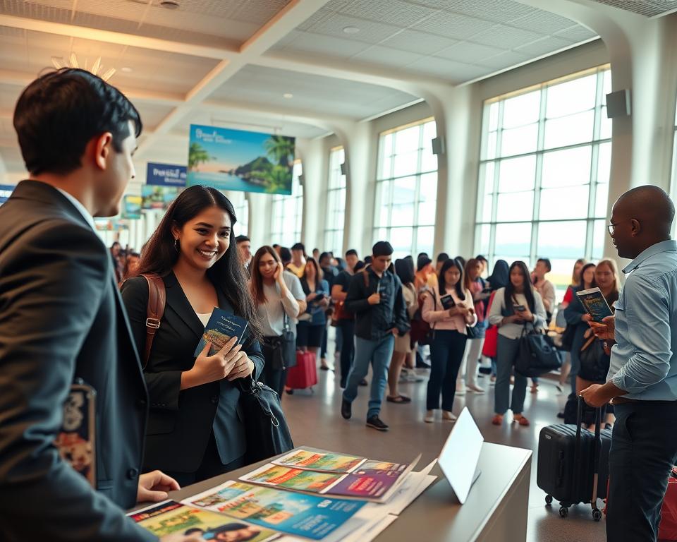 A busy airport arrival hall depicting travelers of diverse backgrounds eagerly applying for their Visa on Arrival. In the foreground, a professionally dressed couple consults an information desk, filled with brochures and vibrant images of Bali. The middle ground features a queue of people holding their passports and forms, showcasing a mix of excitement and anticipation. In the background, large windows allow natural light to flood the space, illuminating banners with tropical designs and images of Bali’s beaches. The atmosphere is vibrant and welcoming, reflecting the ease and accessibility of obtaining a VOA. The perspective is slightly elevated, allowing for a clear view of the process and the dynamic interactions among travelers. The lighting is warm and inviting, enhancing the overall joyful vibe of arriving in a new destination.