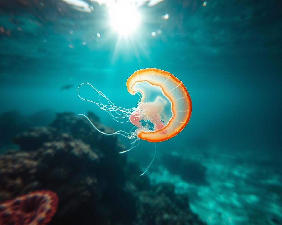 A close-up of a vibrant jellyfish drifting gracefully in the clear turquoise waters of Bali. The foreground shows the jellyfish's intricate, translucent body with its delicate tentacles swaying gently. In the middle ground, the shimmering sunlight filters through the water, creating dynamic patterns of light and shadow. The background features a soft blur of coral reefs and tropical fish, enhancing the underwater scene. The atmosphere is serene yet mysterious, evoking both beauty and caution associated with marine life. The image is captured with a wide-angle lens, emphasizing the jellyfish's ethereal presence, and illuminated by soft, natural light, creating a captivating underwater mood.