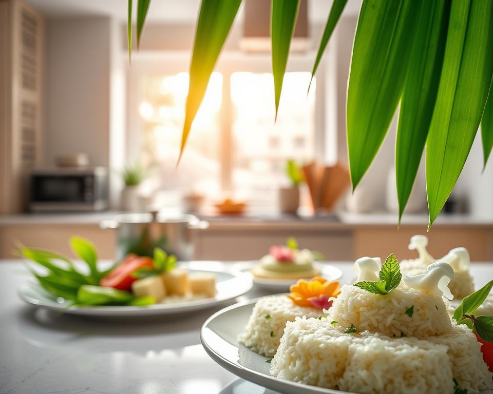 A close-up of vibrant pandan leaves, showcasing their distinct green texture and fan-like arrangement, with droplets of water glistening on the surface, illustrating freshness. In the foreground, a neatly arranged plate of culinary dishes featuring pandan as an ingredient, such as pandan rice and desserts, adorned with flowers. The middle ground features a blurred kitchen setting with subtle hints of modern cooking equipment, emphasizing the trend of using pandan in contemporary cuisine. In the background, a soft glow of natural sunlight filters through a large window, creating a warm and inviting atmosphere. The image should evoke a sense of culinary innovation, capturing both the beauty and culinary potential of pandan leaves in European gastronomy, shot from a slight high angle to enhance the composition.