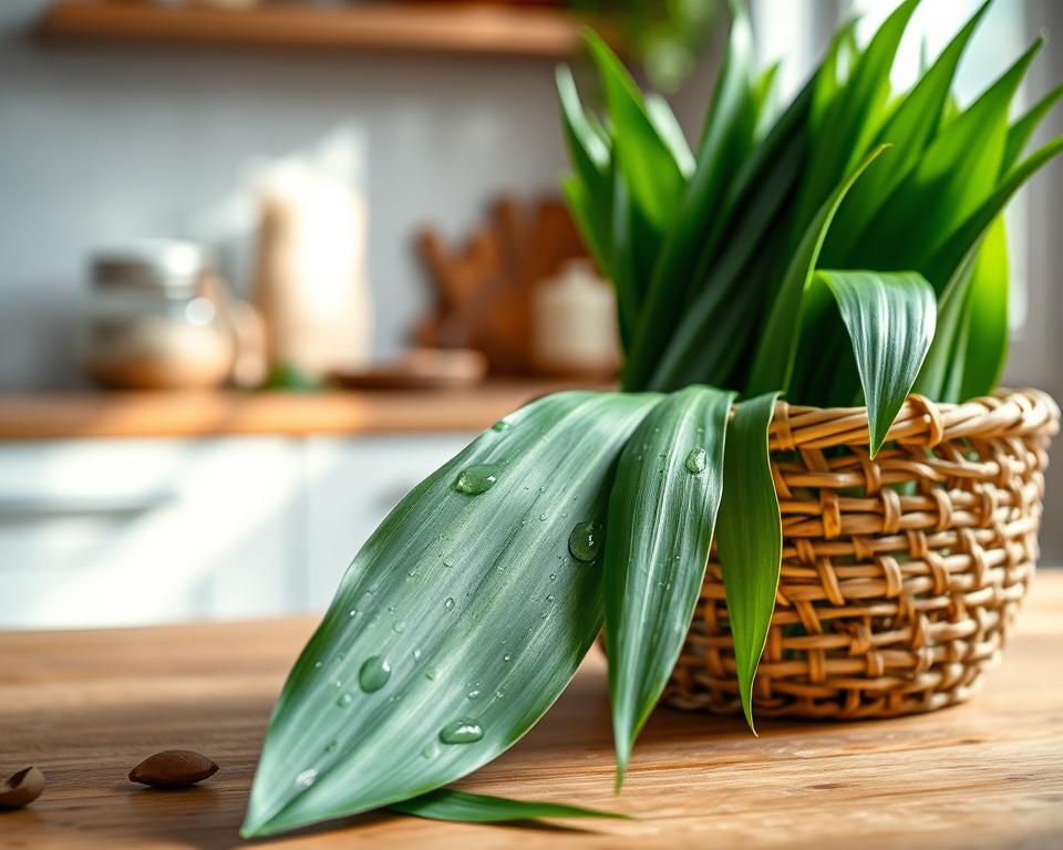 A close-up view of fresh pandan leaves meticulously arranged in a woven bamboo container, set against a soft, blurred kitchen background. The container, showcasing intricate craftsmanship, sits on a wooden countertop, with gentle natural light filtering through a nearby window, casting soft shadows. In the foreground, droplets of water on the vibrant green leaves highlight their freshness and texture. The middle ground features hints of other kitchen herbs and spices, enhancing the culinary atmosphere. The overall mood is serene and homely, evoking a sense of preparation and care for food storage. The composition focuses solely on the pandan leaves and their storage, with a shallow depth of field for an appealing, professional look.