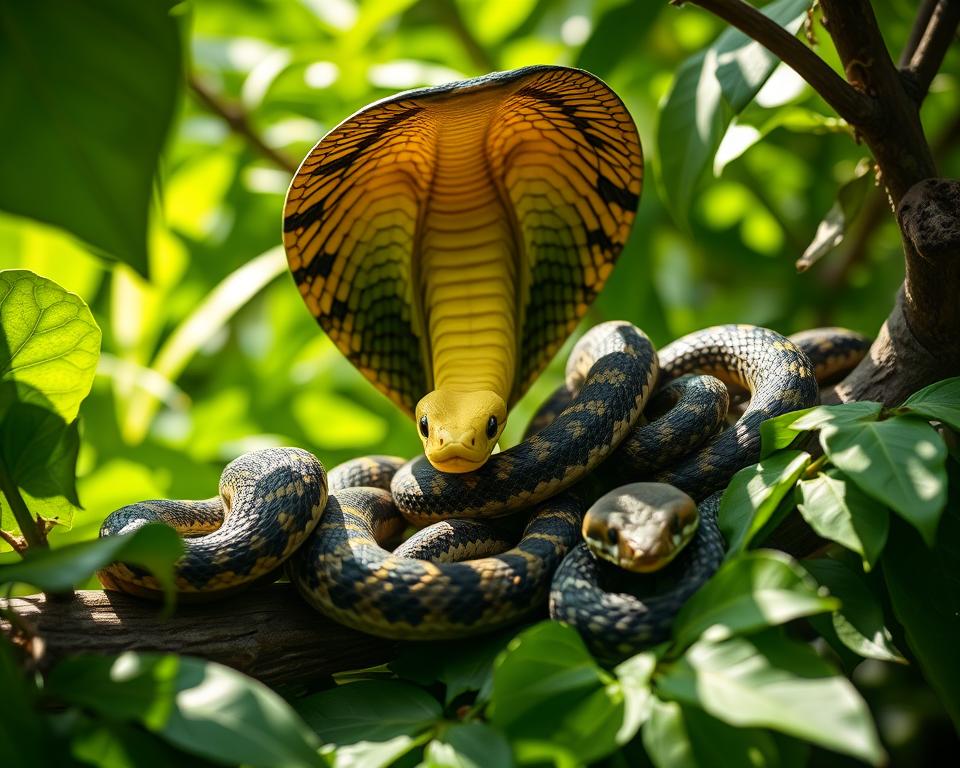 A close-up view of three venomous snakes found in Bali: a King Cobra, a Common Krait, and a spitting Cobra, intricately coiled on a lush tropical branch, surrounded by vibrant green foliage. The King Cobra stands out with its majestic hood flared, showcasing its striking yellow and black scales. The Krait, slender and subtly patterned, lies partially hidden among the leaves, while the spitting Cobra is poised near a small rocky surface, its tongue flicking out. Soft, diffused sunlight filters through the canopy, casting dappled shadows that create a mysterious and dramatic atmosphere. The composition is shot with a macro lens to capture the intricate details of the snakes’ scales, emphasizing their beauty and danger in a natural, intact habitat, invoking a sense of respect and caution. A close-up view of three venomous snakes found in Bali: a King Cobra, a Common Krait, and a spitting Cobra, intricately coiled on a lush tropical branch, surrounded by vibrant green foliage. The King Cobra stands out with its majestic hood flared, showcasing its striking yellow and black scales. The Krait, slender and subtly patterned, lies partially hidden among the leaves, while the spitting Cobra is poised near a small rocky surface, its tongue flicking out. Soft, diffused sunlight filters through the canopy, casting dappled shadows that create a mysterious and dramatic atmosphere. The composition is shot with a macro lens to capture the intricate details of the snakes’ scales, emphasizing their beauty and danger in a natural, intact habitat, invoking a sense of respect and caution.