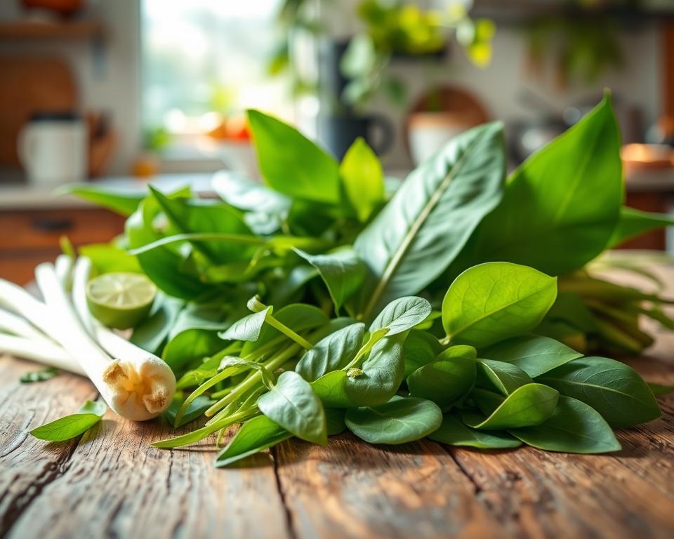 A close-up view of various alternatives to pandan leaves, showcasing a selection of fresh herbs and leaves that resemble pandan in shape and color. The foreground features vibrant green leaves like lemongrass, banana leaves, and kaffir lime leaves, arranged artistically on a rustic wooden table. In the middle, subtle hints of their unique textures and shapes create an inviting composition. The background is softly blurred, highlighting a kitchen setting with natural light streaming through a window, casting gentle shadows that enhance the mood. The image should evoke a sense of warmth and freshness, emphasizing the culinary uses of these alternative ingredients. The overall atmosphere suggests creativity and inspiration for cooking.