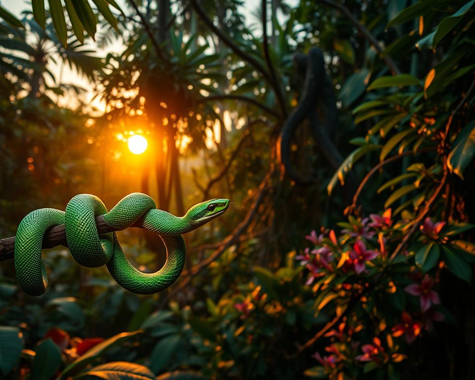 A dense tropical jungle in Bali, capturing both day and evening light, where a vibrant green tree snake is gracefully coiled on a branch in the foreground. Its shimmering scales reflect the soft glow of the setting sun, while a darker, menacing shadow of a common warning snake lurks in the background, partially hidden in the foliage. The middle ground features thick vines and colorful flowers that hint at the biodiversity of the island. Use a shallow depth of field to emphasize the snakes while softly blurring the rich greenery around them. The atmosphere should be tense yet captivating, highlighting the potential dangers in the wilderness, with warm golden hues transitioning into cooler twilight tones. Aim for a visually striking composition that evokes caution and intrigue.