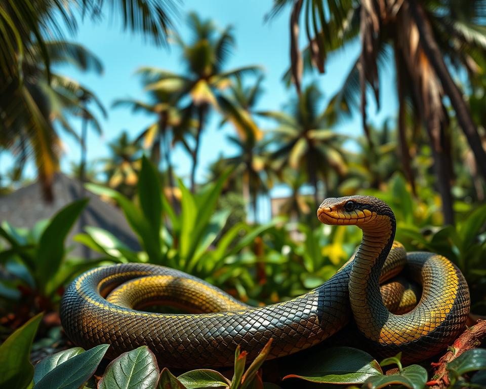 A detailed and lifelike depiction of an Indonesian cobra and a king cobra in their natural habitat. In the foreground, showcase the cobras coiling gracefully, their glossy scales reflecting the sunlight with hints of deep greens and yellows, emphasizing their striking patterns. In the middle, incorporate rich foliage typical of Bali’s dense jungles, with tropical plants and hanging vines creating a sense of lushness. The background should feature blurred silhouettes of tall palm trees under a clear blue sky, enhancing the scene's tropical atmosphere. Use soft, diffused lighting to evoke a serene yet mysterious mood, as if glimpsing these fascinating snakes in their secretive world. The image must be clean, without any text or watermarks.