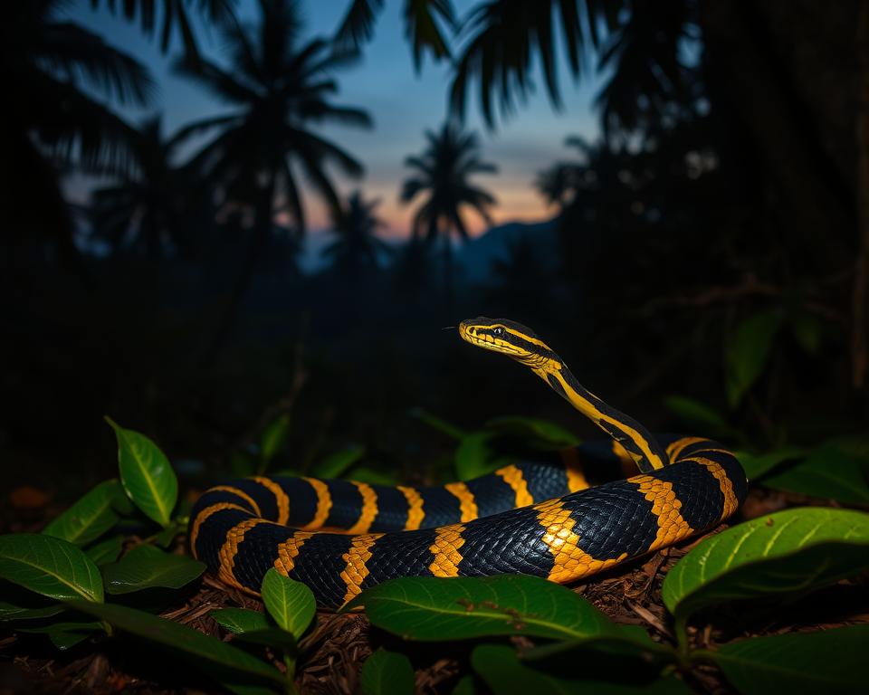 A detailed depiction of a Malayische Krait, showcasing its sleek body with distinctive bold black and yellow stripes. In the foreground, the snake is coiled gracefully on a bed of lush tropical leaves and underbrush, emphasizing its habitat. The middle ground features a dimly lit jungle setting, where shadows play across the textured foliage, creating a sense of mystery. In the background, faint silhouettes of tropical trees rise against a twilight sky, hinting at the nocturnal nature of this high-risk species. The image should have soft, diffused lighting to highlight the krait's scales, with a focus on capturing its striking colors. Aim for a captivating and slightly ominous atmosphere that reflects the snake's venomous nature.