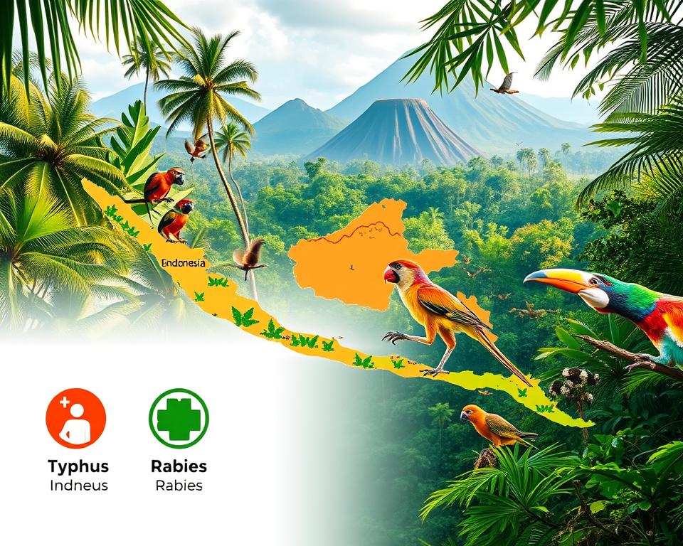 A detailed map of Indonesia highlighting areas at risk for Typhus and Rabies, featuring vibrant tropical landscapes. In the foreground, there's an informative icon representing Typhus, alongside another for Rabies, both with a stylized medical theme. The middle ground shows diverse Indonesian wildlife, such as monkeys and tropical birds, symbolizing the natural habitat where these diseases can pose risks. In the background, lush green jungles and volcanic mountains create a sense of depth and authenticity. Soft, diffused sunlight filters through the trees, casting gentle shadows, enhancing the overall atmosphere of the region's exotic nature. The image should have a bright, informative feel, suitable for an educational article.