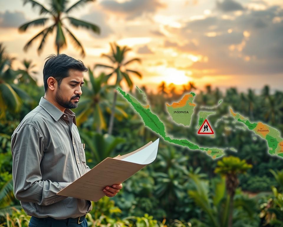 A detailed map of Indonesia highlighting malaria-risk areas, set against a tropical landscape. In the foreground, depict a professional figure in modest attire analyzing the map, with a concerned expression. The middle ground features a lush jungle with typical flora such as palm trees and vibrant green foliage, suggesting the natural habitat of malaria-carrying mosquitoes. In the background, incorporate softly illuminated sky during golden hour, casting a warm light over the scenery. The atmosphere conveys a sense of urgency and awareness of health risks. Use a wide-angle lens effect for a broader perspective, enhancing the depth of the landscape while keeping the focus on the map analysis in the foreground.