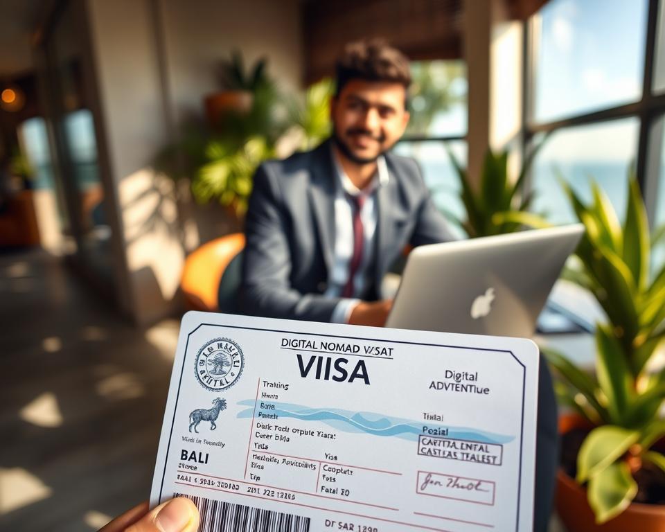 A digital nomad visa document prominently displayed in the foreground, elegantly designed with modern, minimalistic elements. The document features official-looking stamps and symbols representative of Bali, incorporating tropical motifs like palm trees and ocean waves in the background. In the middle ground, showcase a professional individual, dressed in smart casual attire, seated at a stylish workspace with a laptop and tropical plants around, reflecting a work-life balance. The lighting is warm and inviting, simulating a sunny Bali afternoon, with soft shadows adding depth. The angle captures a slight overhead view, highlighting the document's details while emphasizing the relaxed yet productive atmosphere. Aim for a mood of freedom, adventure, and professionalism, suitable for digital nomads seeking to work remotely in paradise.