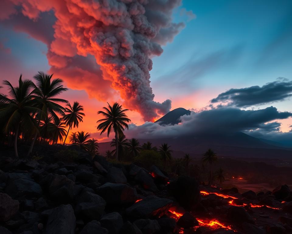 A dramatic scene capturing the eruption of Mount Agung in 1963, showcasing a towering column of ash and smoke billowing into a vivid sky at dusk. In the foreground, rugged volcanic rocks are scattered, partially illuminated by the fiery glow of lava flowing down the slopes. The middle ground features lush coconut trees that sway in the wind, contrasting with the chaotic eruption. In the background, Mount Agung looms ominously, its peak obscured by thick, dark clouds of ash. The atmosphere is tense and awe-inspiring, with warm orange and deep gray tones dominating the palette. The perspective is a slightly elevated angle, giving a sweeping view of this historical natural disaster, evoking a sense of urgency and reverence. The lighting is dramatic, highlighting the contrasts between the bright lava and the darkened environment around it.