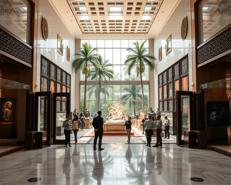 A grand, elegantly designed museum in Jakarta, showcasing Indonesian culture and history. In the foreground, a visually striking entrance with large glass doors framed by traditional motifs. The middle ground features an opulent atrium filled with diverse art pieces and sculptures, visitors in professional attire admiring the exhibits. The background reveals tall, lush palm trees beyond the museum's large windows, creating a tropical atmosphere. Bright, natural light streams in, casting soft shadows on polished marble floors, with a gentle ambiance. The overall mood is inviting and educational, embodying a blend of modern architecture and rich cultural heritage, encouraging exploration and reflection.